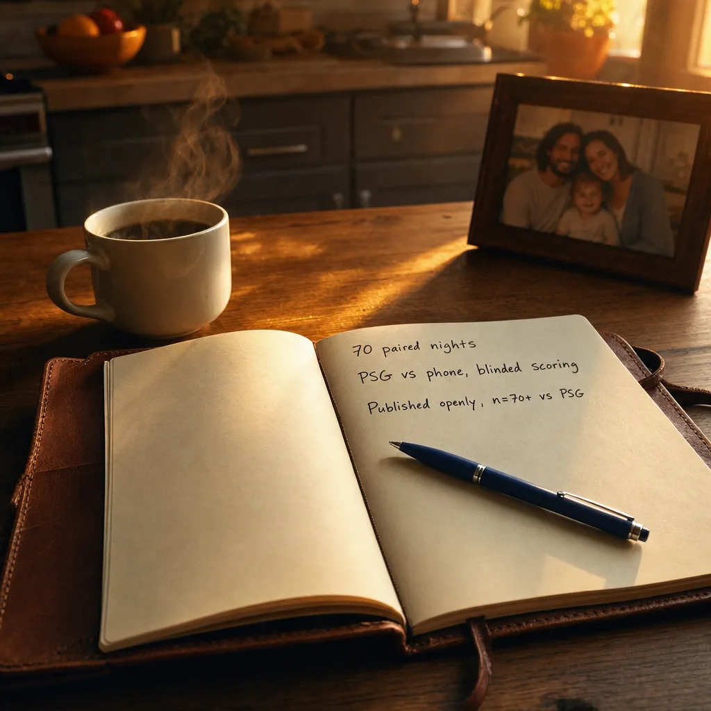 A handwritten notebook page: '70 paired nights · PSG vs phone, blinded scoring · published openly.' A coffee cup beside it.