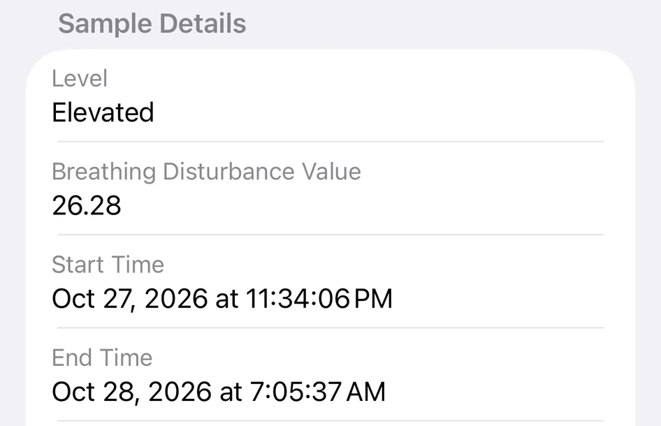 Apple Health sample details: Elevated, breathing disturbance value 26.28, October 27 at 23:34:06 to October 28 at 07:05:37.