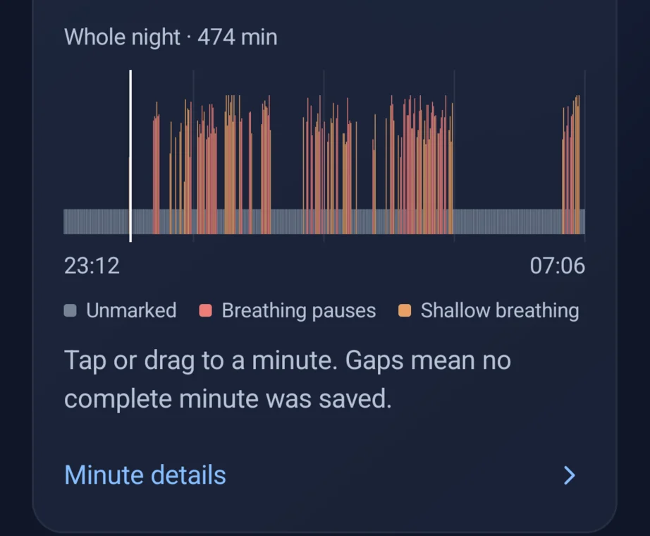 Pixel 7 whole-night distribution of breathing marks from 23:12 to 07:06.