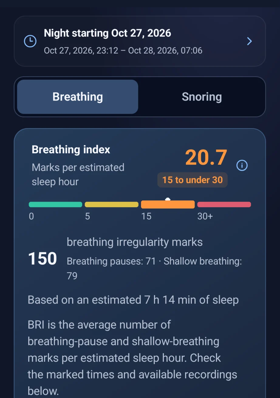 Pixel report showing BRI 20.7, 150 marks and estimated sleep of 7 hours 14 minutes.