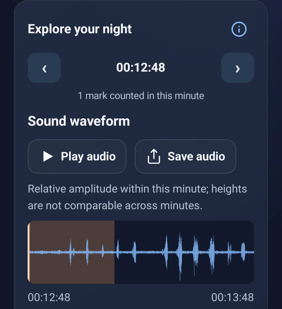 Pixel minute view at 00:12:48, with a marked sound waveform and Play audio control.