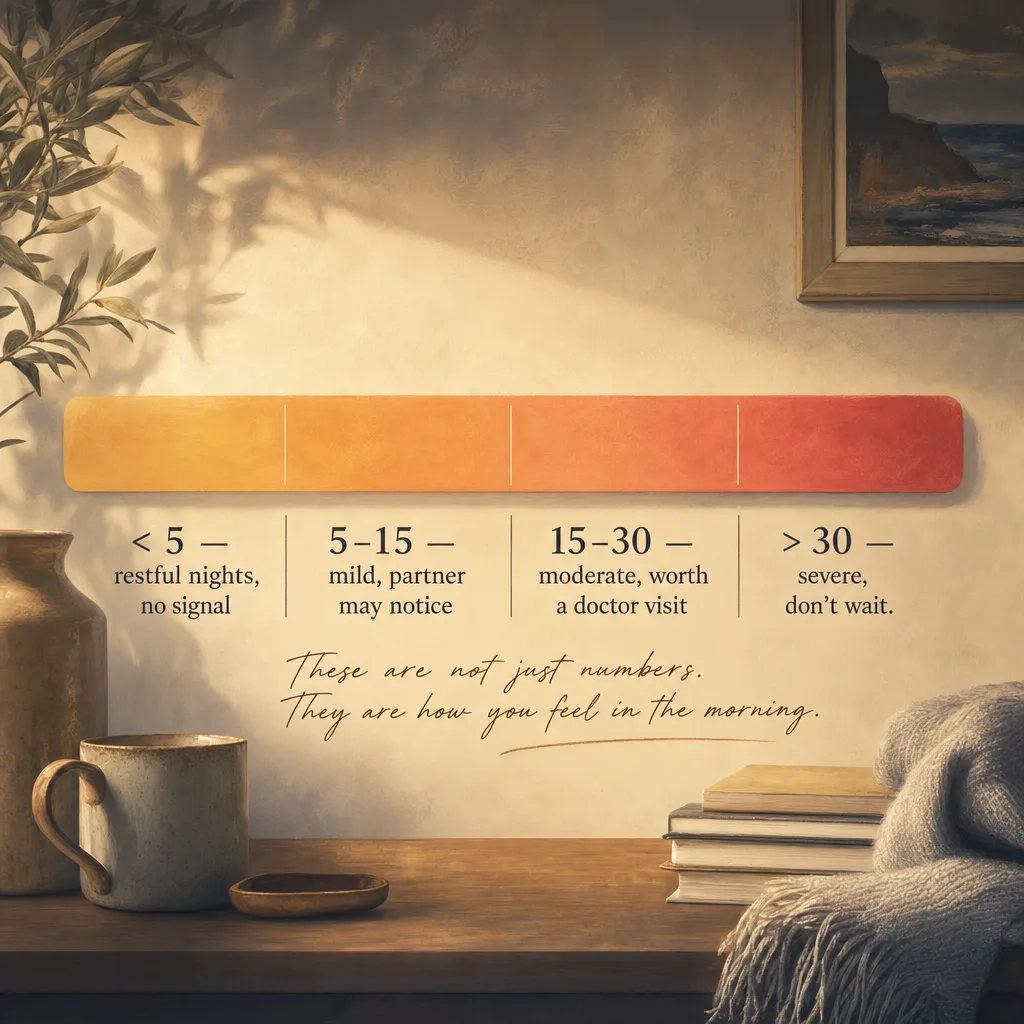 A soft severity gradient with handwritten captions describing what each range feels like in real life — not just clinical numbers.