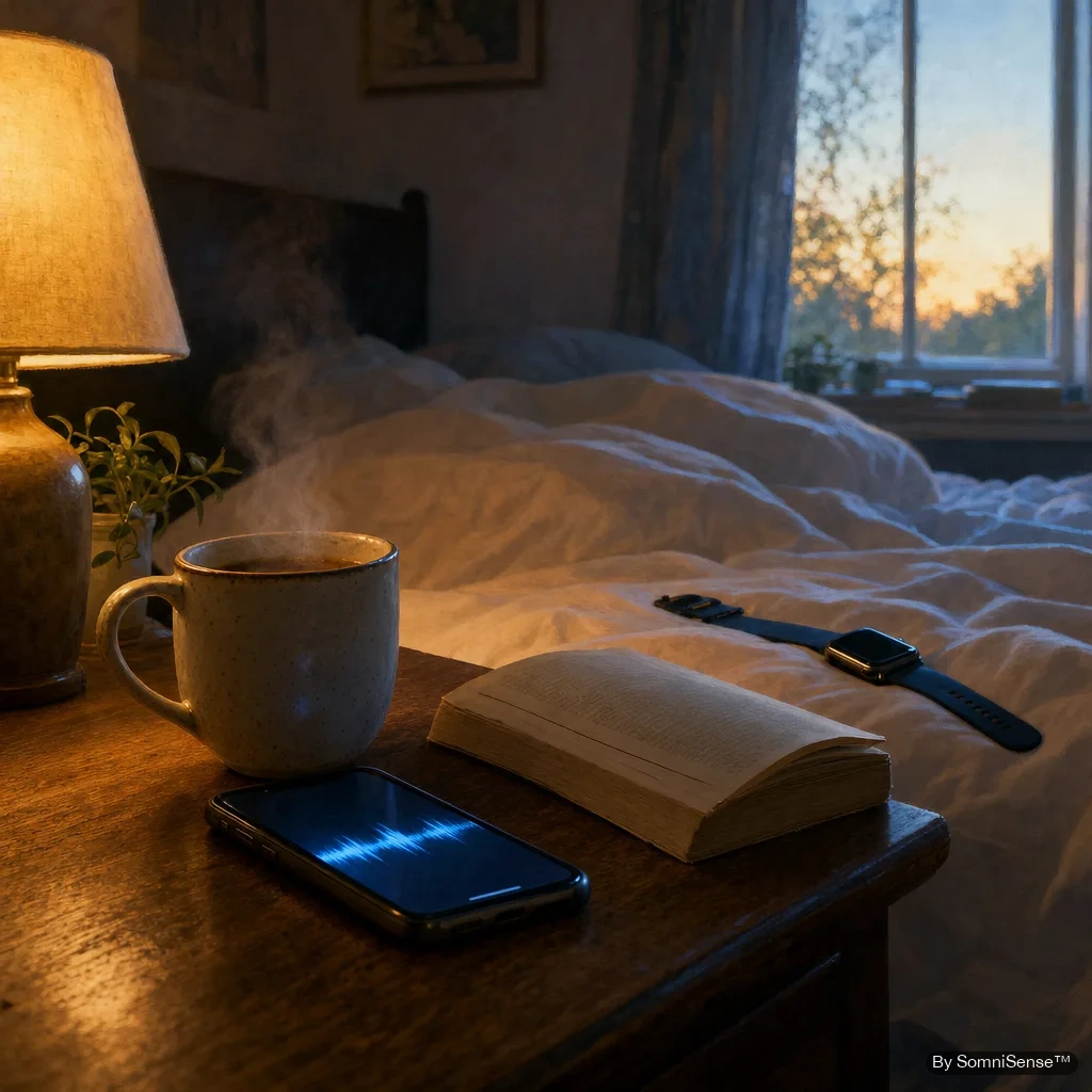 A bedside table at dawn — a smartphone face-up beside a coffee mug, soft warm lamp light. Beyond it on rumpled sheets, a smartwatch resting flat. Two devices, two ways of knowing.