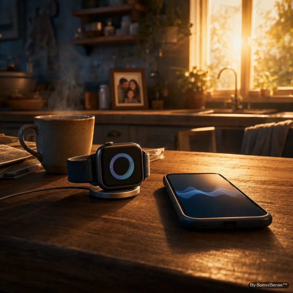 A morning kitchen table — a smartwatch resting beside a smartphone, both with soft glowing screens. Two readings of the same night, side by side.