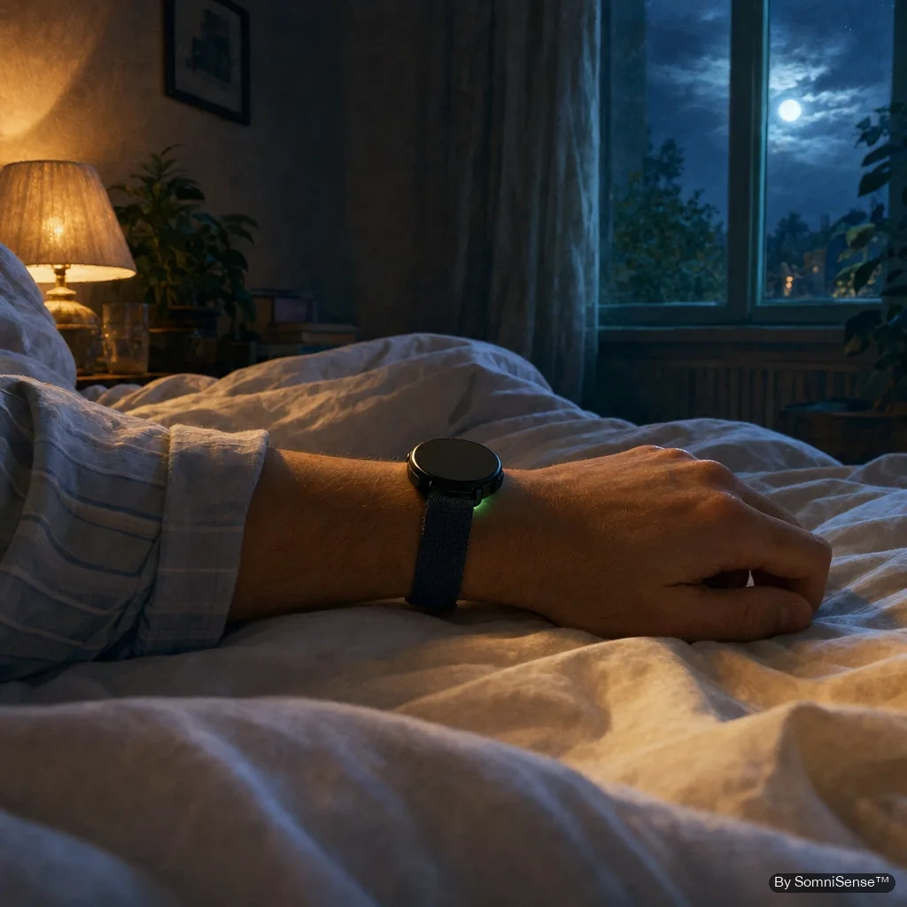 A wrist resting on rumpled sheets at night, a smartwatch on it with a faint green sensor glow on the underside — the small honest signal a wrist sensor is actually working from.