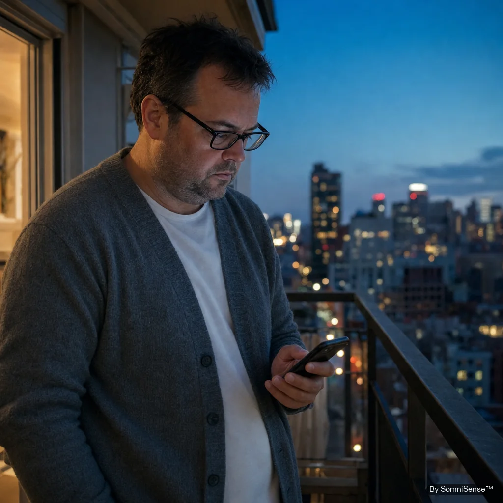 A man in a gray cardigan standing on his apartment balcony at blue hour, looking at his phone — city skyline lights coming on behind him. The hour before bed when the day's fragmentation starts to catch up.
