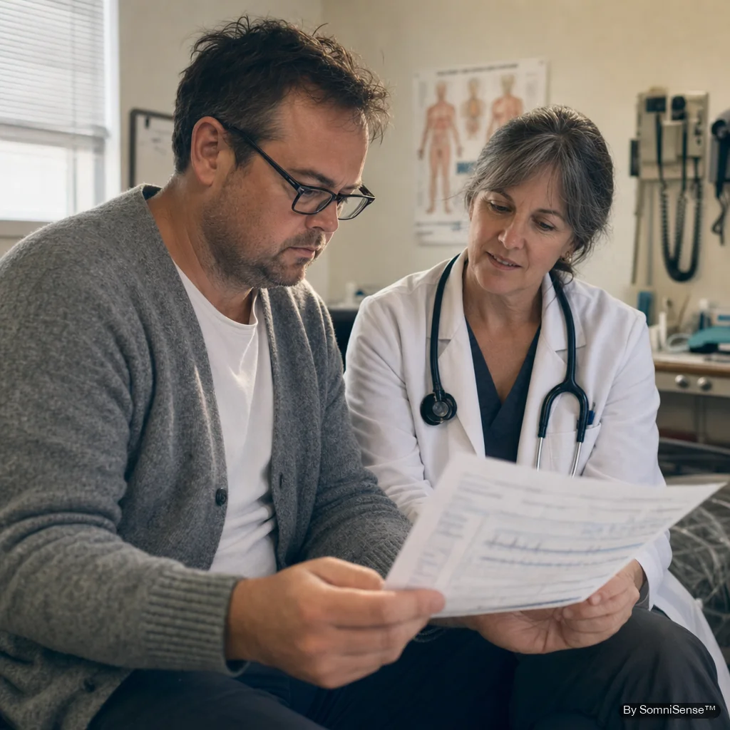 The founder sitting beside a doctor in a clinic exam room, both leaning toward a printed sleep report — what an actual diagnosis conversation looks like.