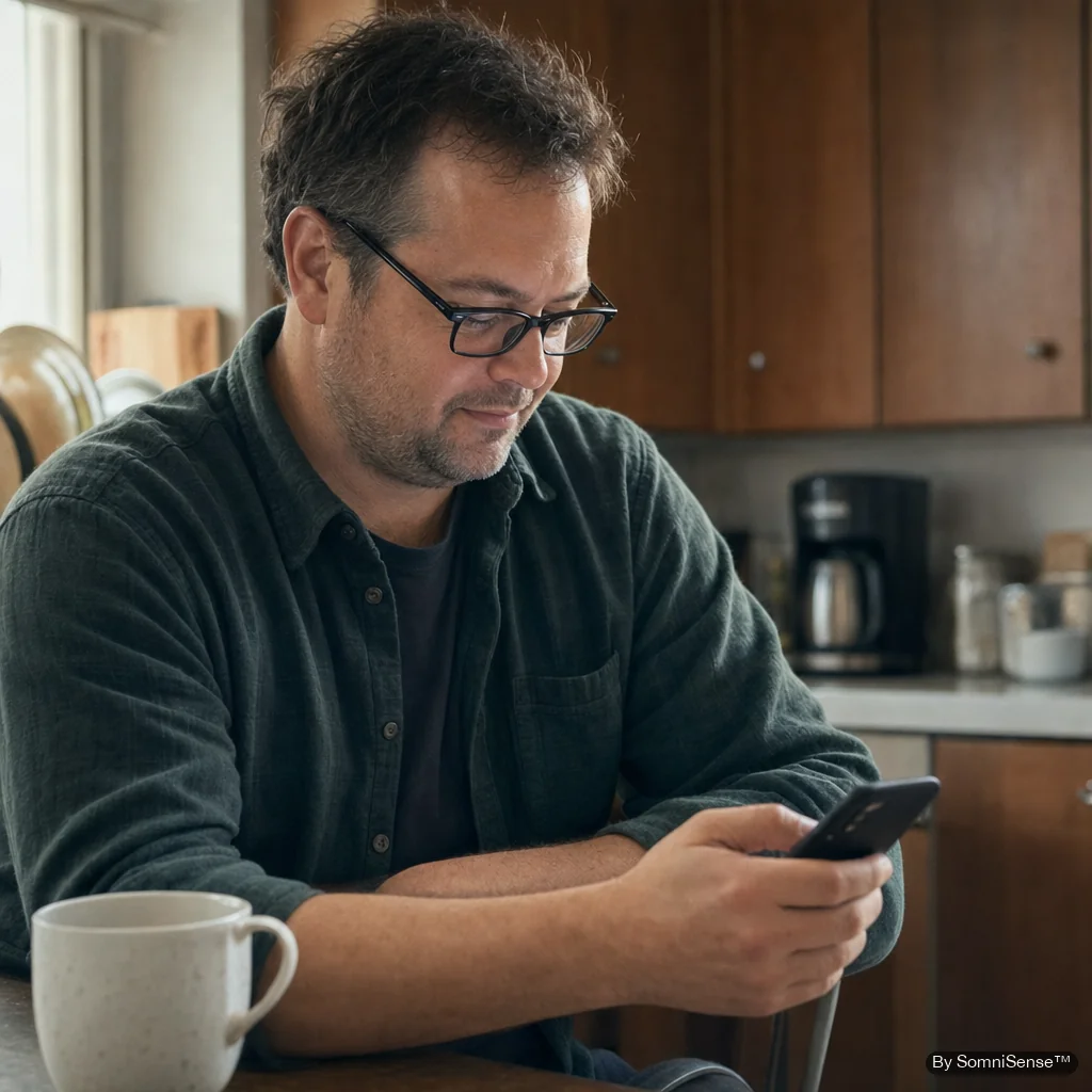 A middle-aged man in a green flannel shirt sitting at his kitchen table early morning, looking at his phone — the moment of tagging tonight's factors before bed (alcohol, side-sleep, late meal). Real life, not a chart.