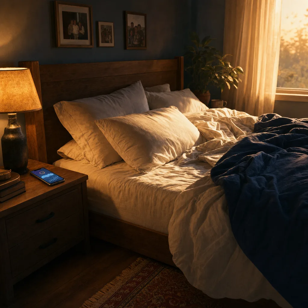 A warm bedroom at dawn with a smartphone face-up on the nightstand showing a soft sleep summary.