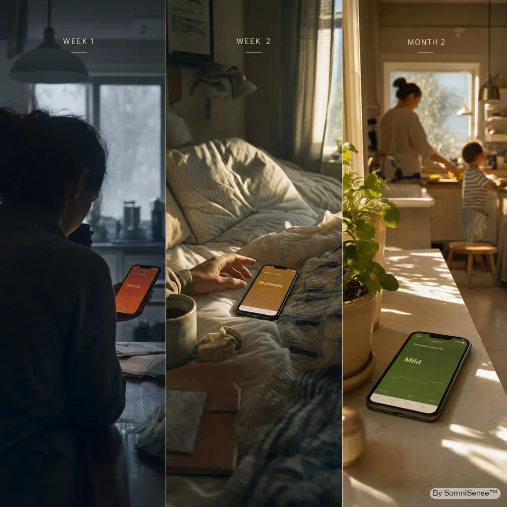 Three SomniSense reports across three different mornings of the same person — week 1, week 2, month 2 — each shown in its real bedroom context.