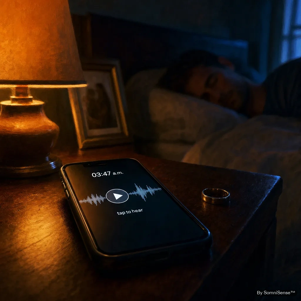 A phone screen on a bedside table showing a waveform and a play button. Timestamp: 03:47 a.m.