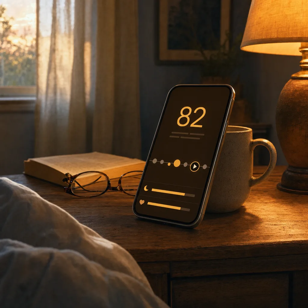A smartphone propped against a coffee mug on a bedside table at first morning light. The screen shows a clean sleep-report card: a single large numeric score, a horizontal event-timeline ribbon underneath with a few small marker dots, and a faint play-button icon next to the most prominent dot. Linen curtains, warm amber light.