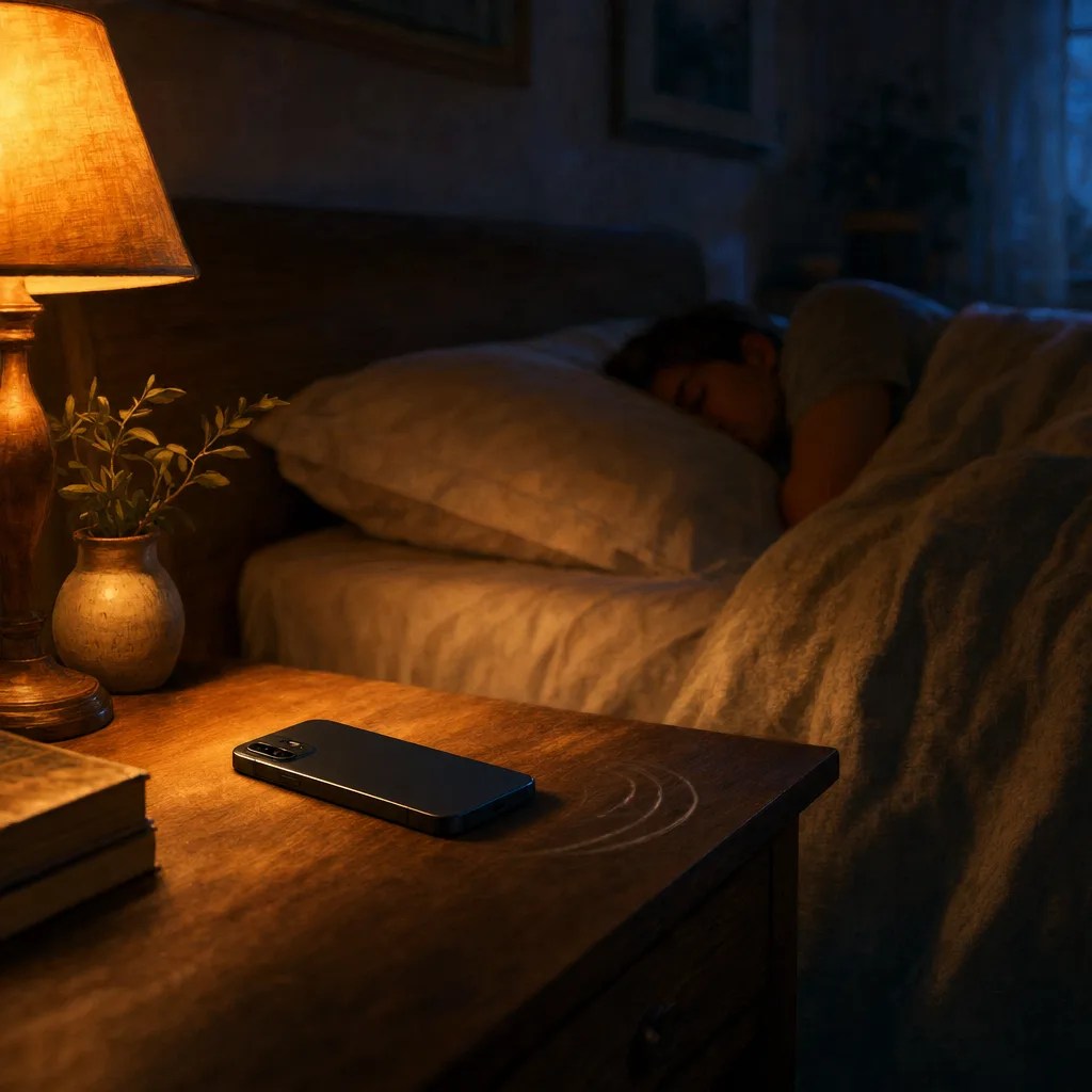 A bedside table at night — phone face-down, bedside lamp glow, partner sleeping out of focus.