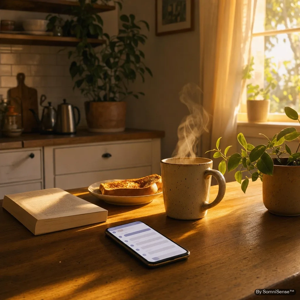 A smartphone face-up on a kitchen counter beside a steaming coffee mug at golden-hour sunrise — the quiet morning moment of reading honest answers from someone who built the thing.