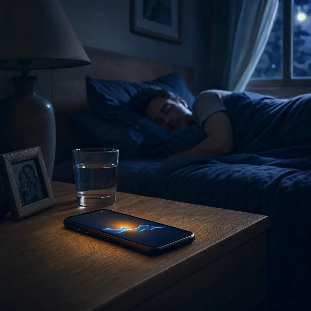 A bedroom at deep night — soft moonlight, a smartphone face-up on the nightstand quietly listening, partner sleeping out of focus.