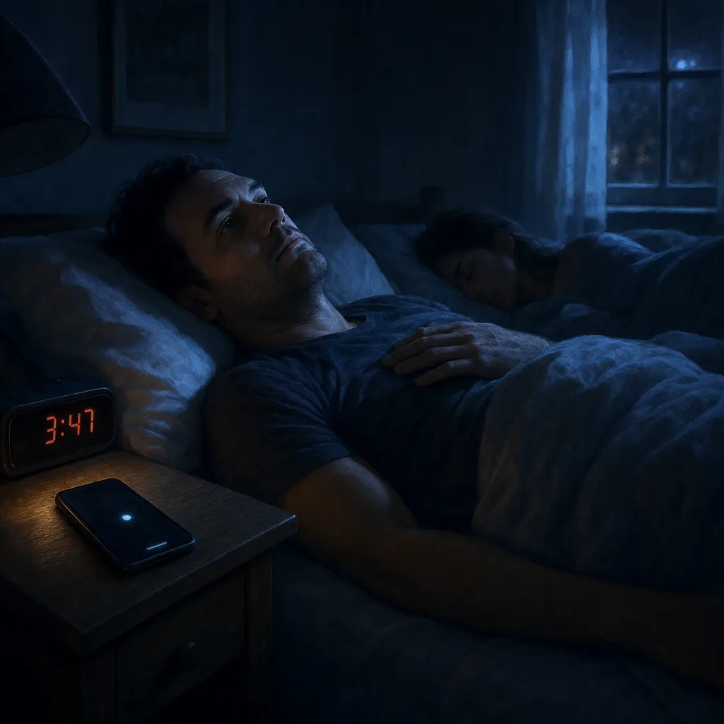 A bedroom at 3:47 a.m. in deep moonlight — phone face-up on the nightstand, the quiet eleven seconds when breath stops, then resumes.