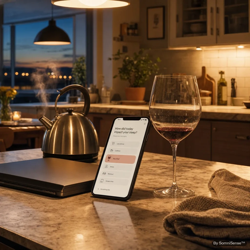 A warm kitchen at dusk — half-finished wine glass on a marble counter, smartphone with a tagging app open beside it, a steel kettle with steam rising. The honest moment of tagging the truth before bed.