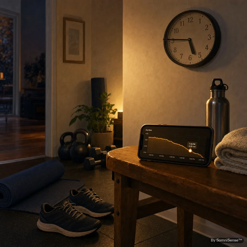 A modest home-gym corner at early evening — folded yoga mat, running trainers, water bottle, a phone on the bench showing a clean BRI trend chart. The wall clock reads 5:45.