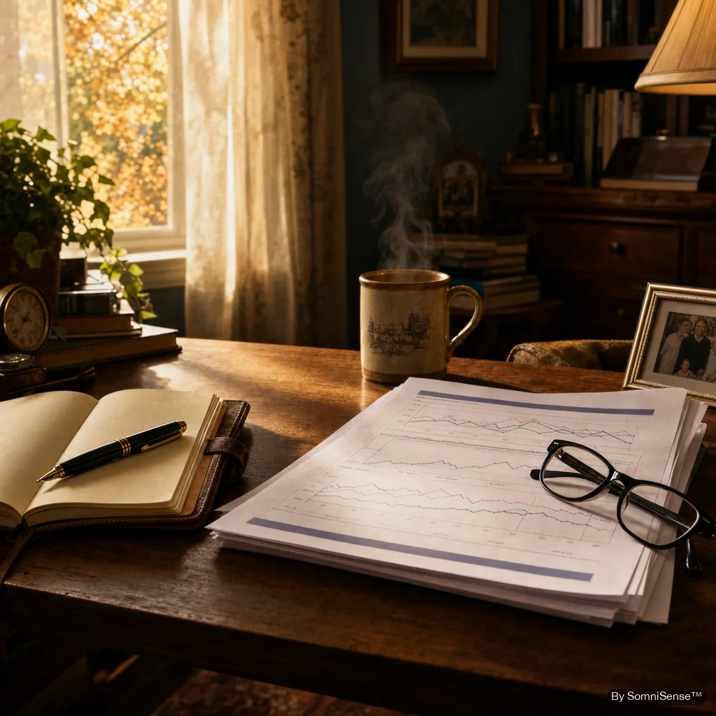 A retiree's home office desk in late morning — a printed PDF report with chart shapes spread on a wooden desk, reading glasses on the page, a coffee mug, a leather notebook with fountain pen. Soft autumn light through linen curtains.