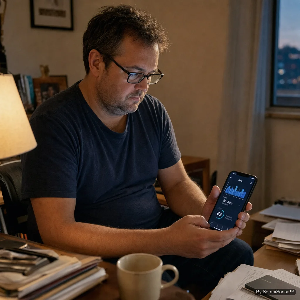The founder at his desk in warm study light, looking at his iPhone showing a sleep report — the BRI score visible on screen as the headline number.
