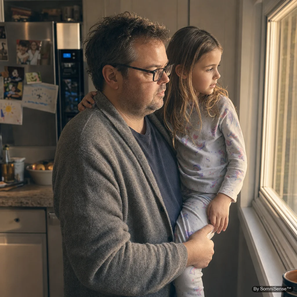 A father in a gray cardigan holding his young daughter on his hip in their kitchen, both quietly looking out the window at the morning light. Family photos on the fridge behind. Neither looks at the camera — just an ordinary moment in a household where everyone finally slept well.