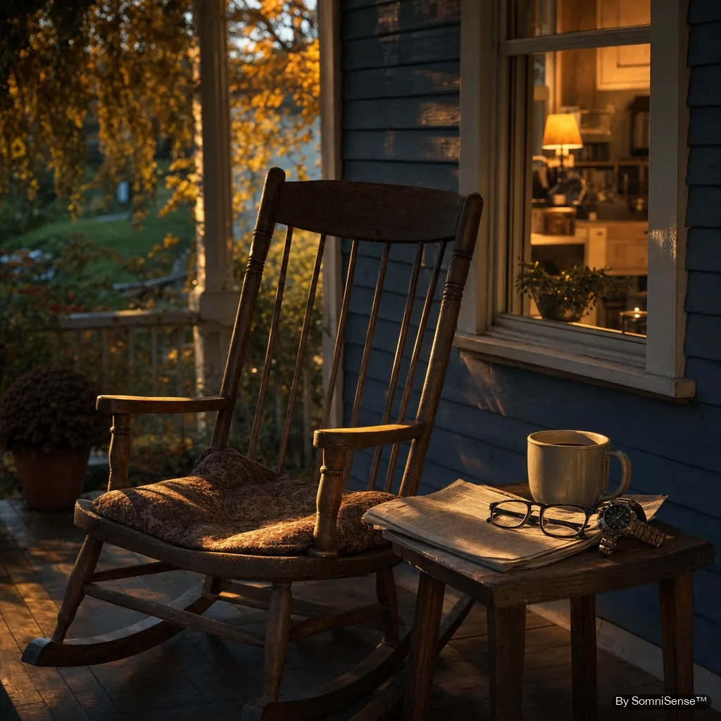 An empty wooden rocking chair on a porch in late-afternoon light — a folded newspaper, a worn leather watch, reading glasses. The warmth of who sat there is still in the room.