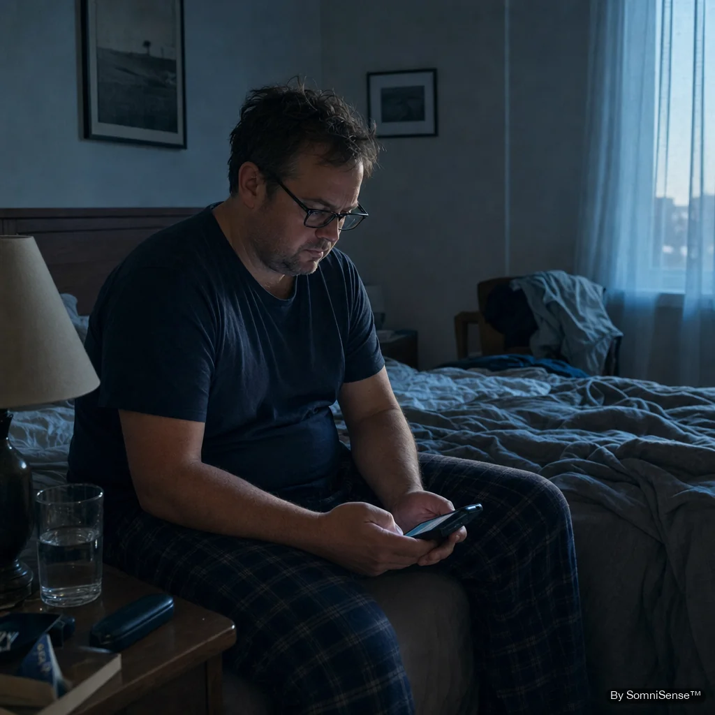 A man sitting on the edge of his unmade bed at pre-dawn, hunched, looking at his phone in the blue half-light. Tousled hair, just-woken. The quiet 5 a.m. moment most of us know but few of us photograph.