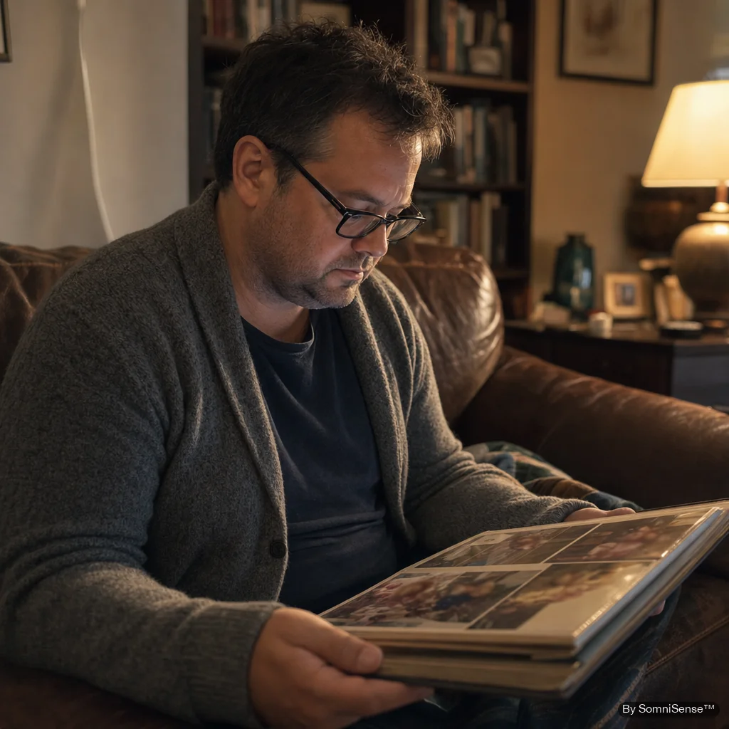 The founder sitting on a worn leather sofa in warm tungsten light, gently looking down at an open photo album on his lap — old printed family photos visible but blurred so faces are not recognizable. Bookshelves and family frames soft in the background.
