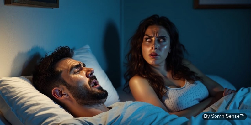A couple in bed at night — one snoring, one awake with a worried expression. Soft blue moonlight.
