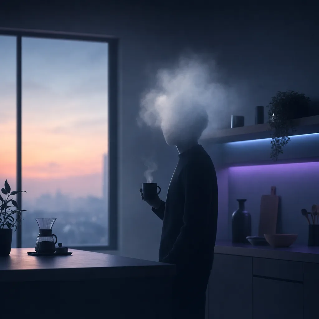 Person with a foggy haze around their head, holding a coffee mug in early morning.