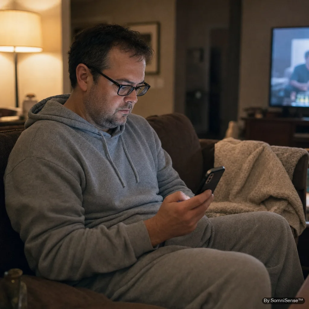 A man in a gray hoodie slumped on the living room couch in the evening, looking at his phone — soft warm lamp light, TV softly on. The 'I'm just tired' moment, again.
