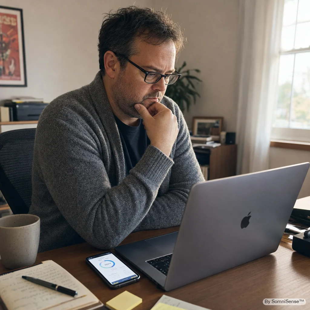 A man reviewing his sleep data on a MacBook with his iPhone beside it — an engineer-dad analyzing what his wearable can and can't tell him.