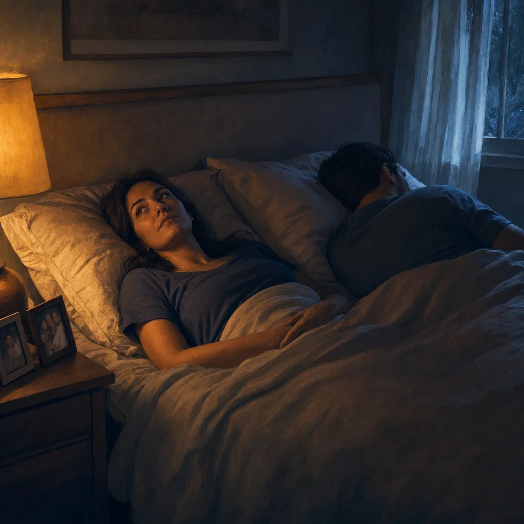 A couple in bed at night — one sleeping, one awake. The quiet emotional reality of loud snoring shared between two people.