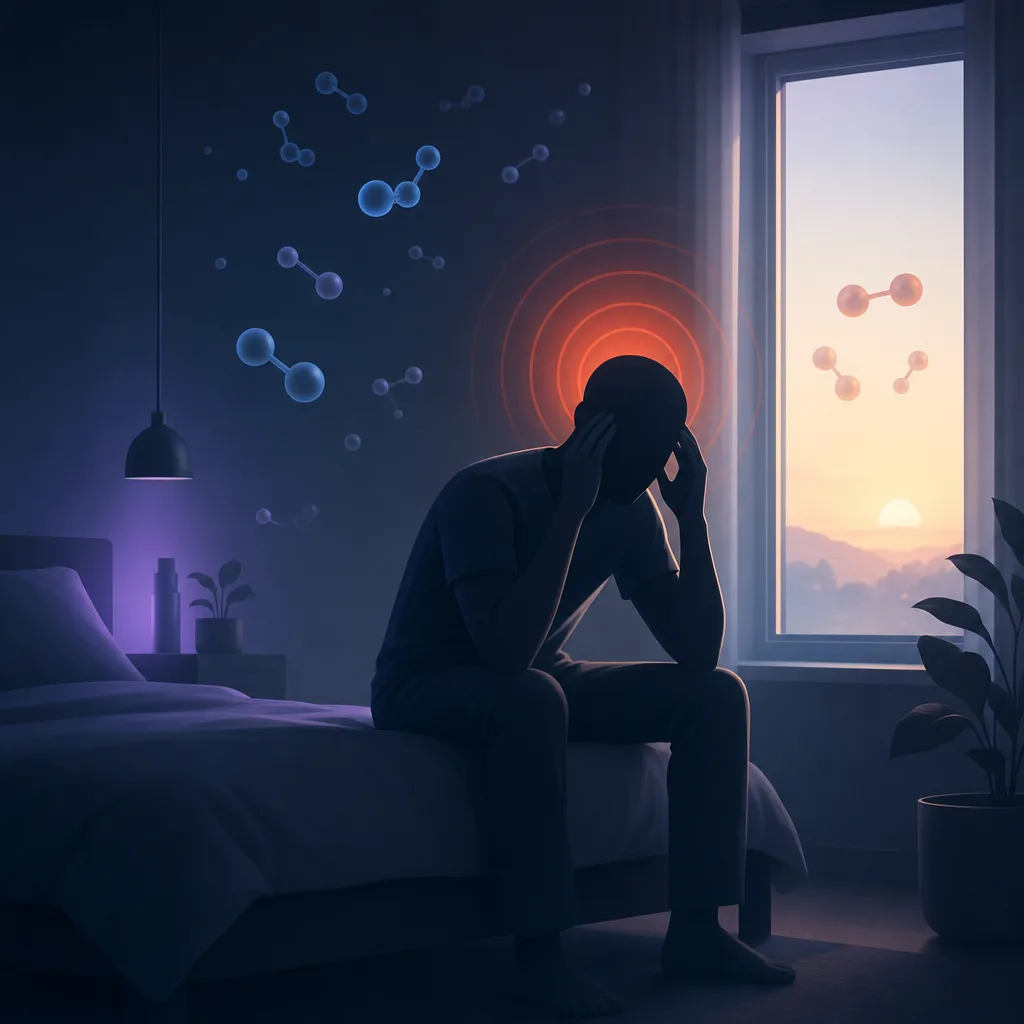 Person sitting at the edge of bed with morning headache pulses around the head.