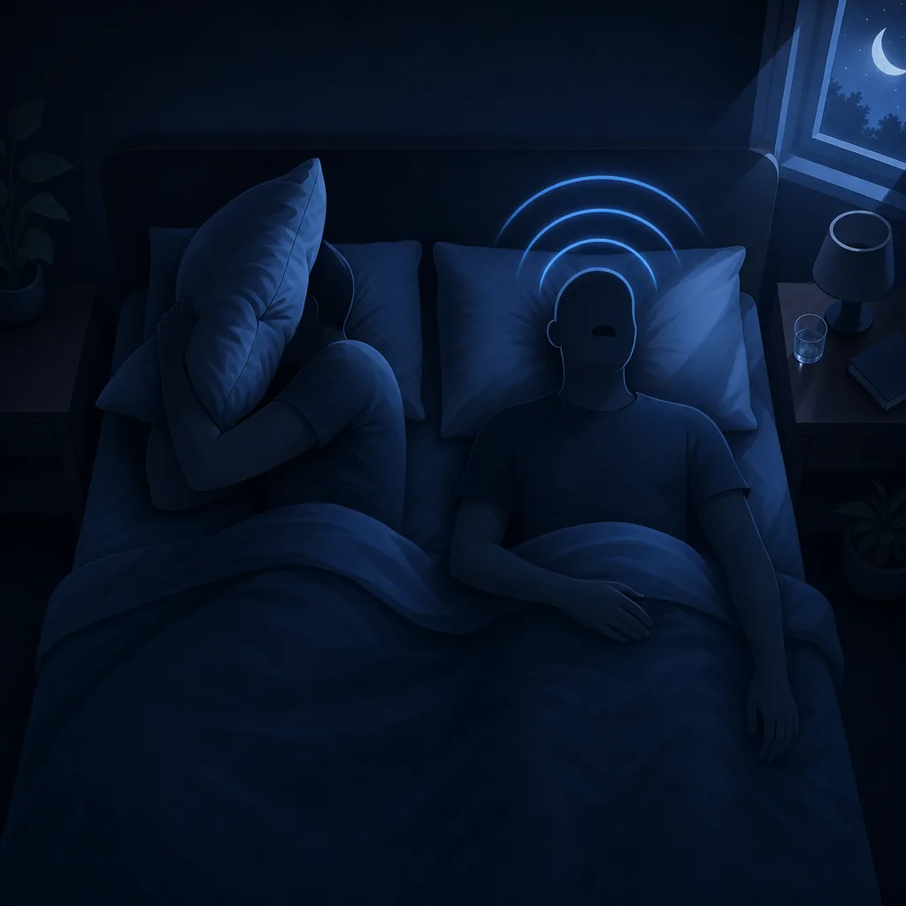 A couple in bed at night, one partner covering ears with a pillow as the other snores.