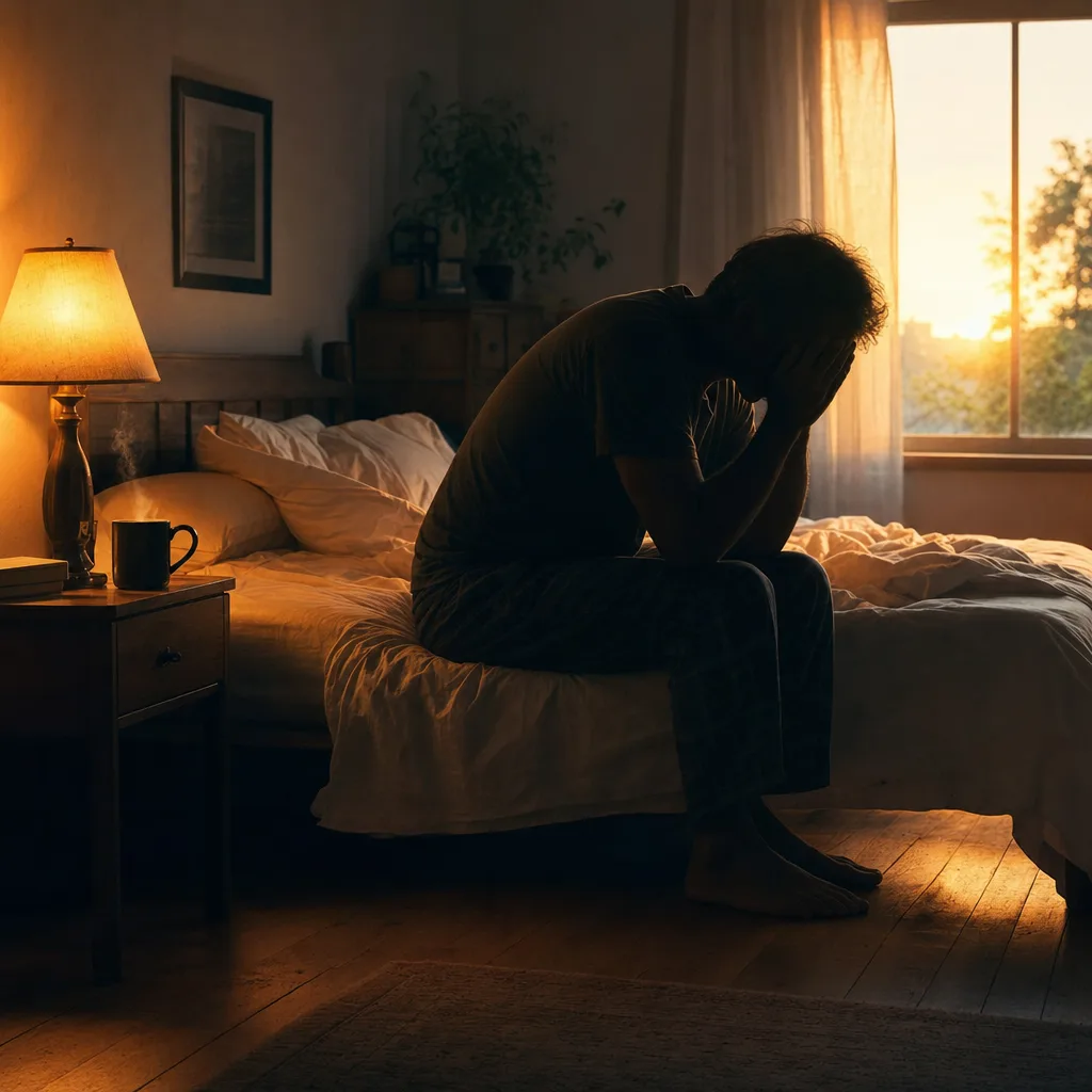 A faceless silhouette sitting on the edge of a bed in early morning light, head in hands — the universal feeling of waking exhausted despite a full night's sleep.