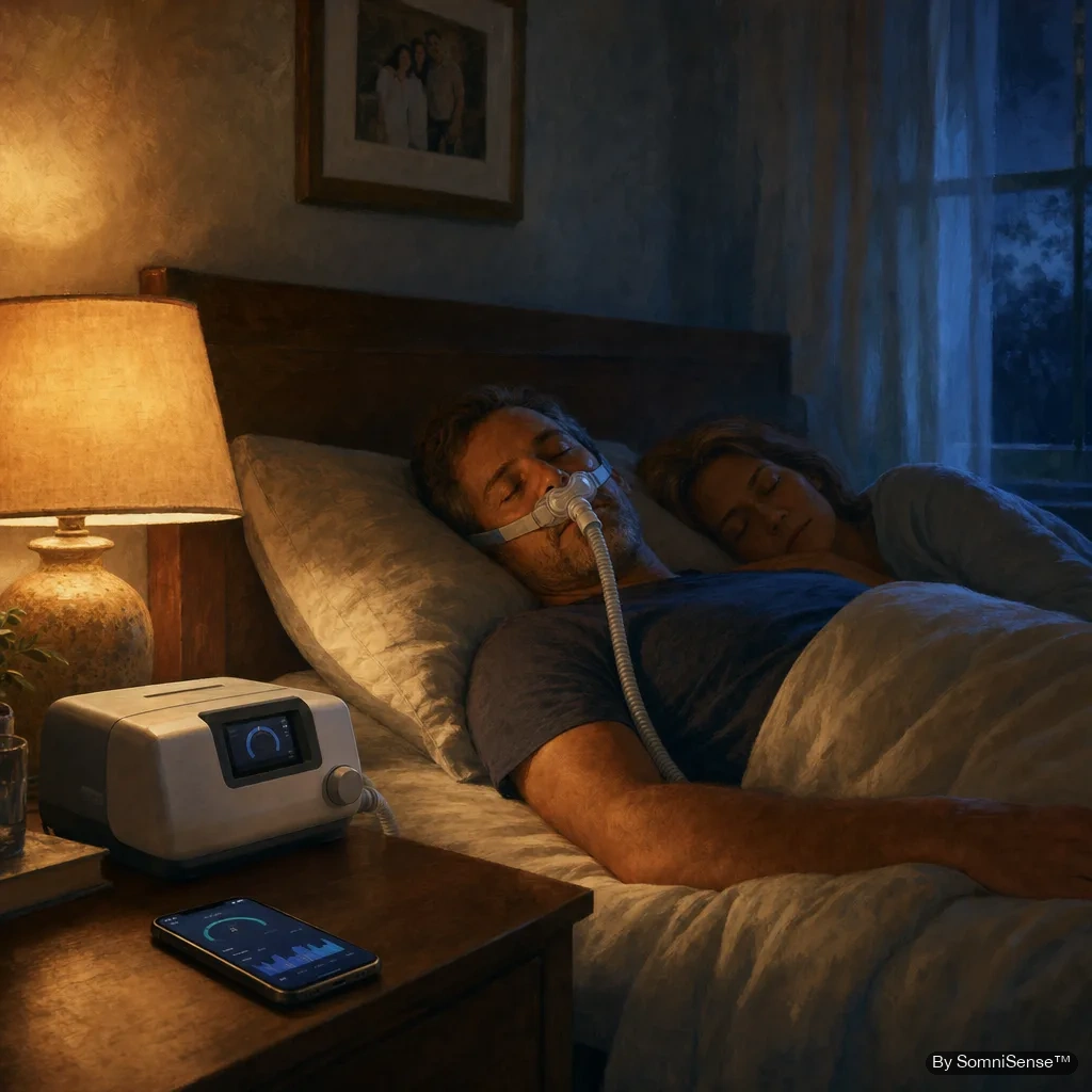 A CPAP machine quietly resting on a bedside table at night, warm amber lamp light — partners sleeping peacefully. CPAP and SomniSense are partners, not opposites.