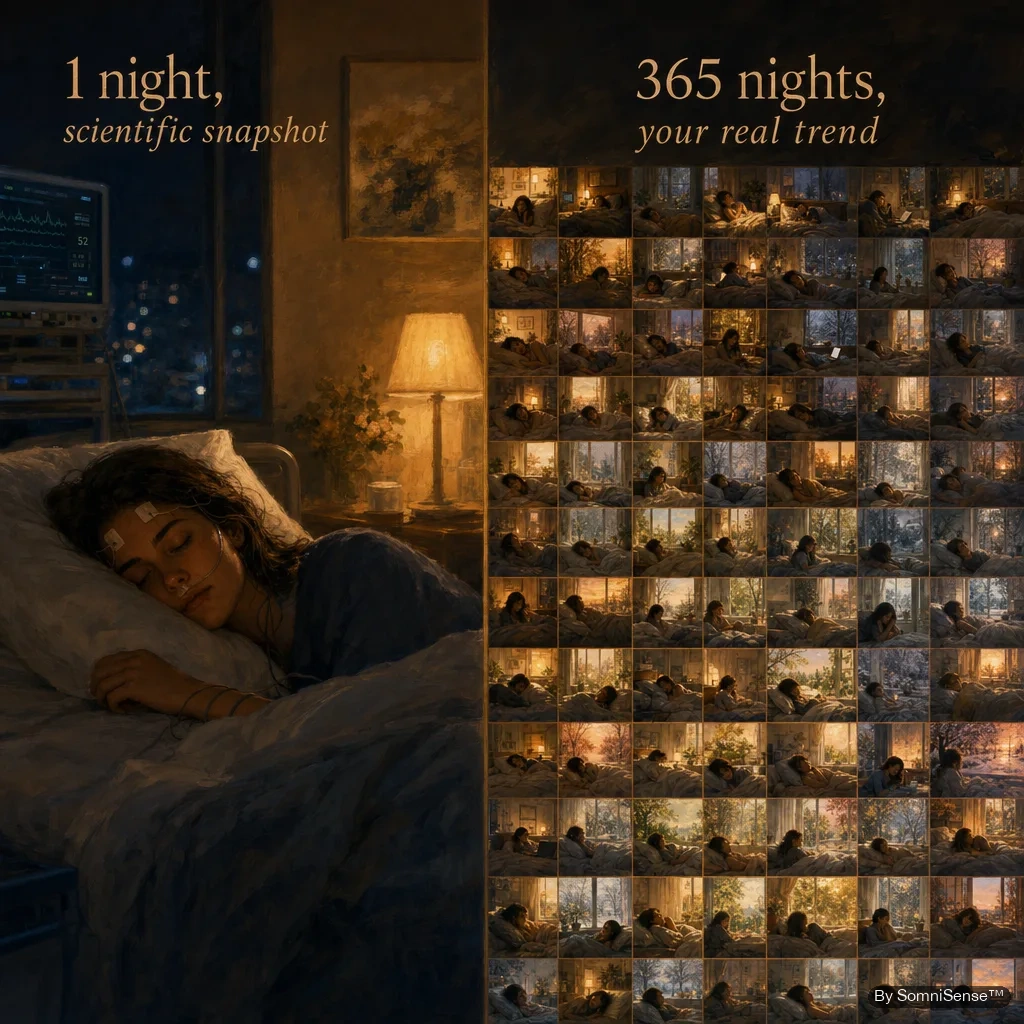 Left: one night in a clinical sleep lab. Right: 365 mornings in your own bedroom. Both have value, different scope.