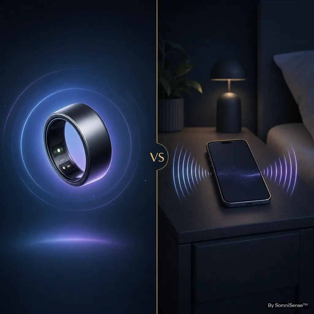 Oura Ring on the nightstand + SomniSense phone screen — recovery and breathing data layered on the same morning.