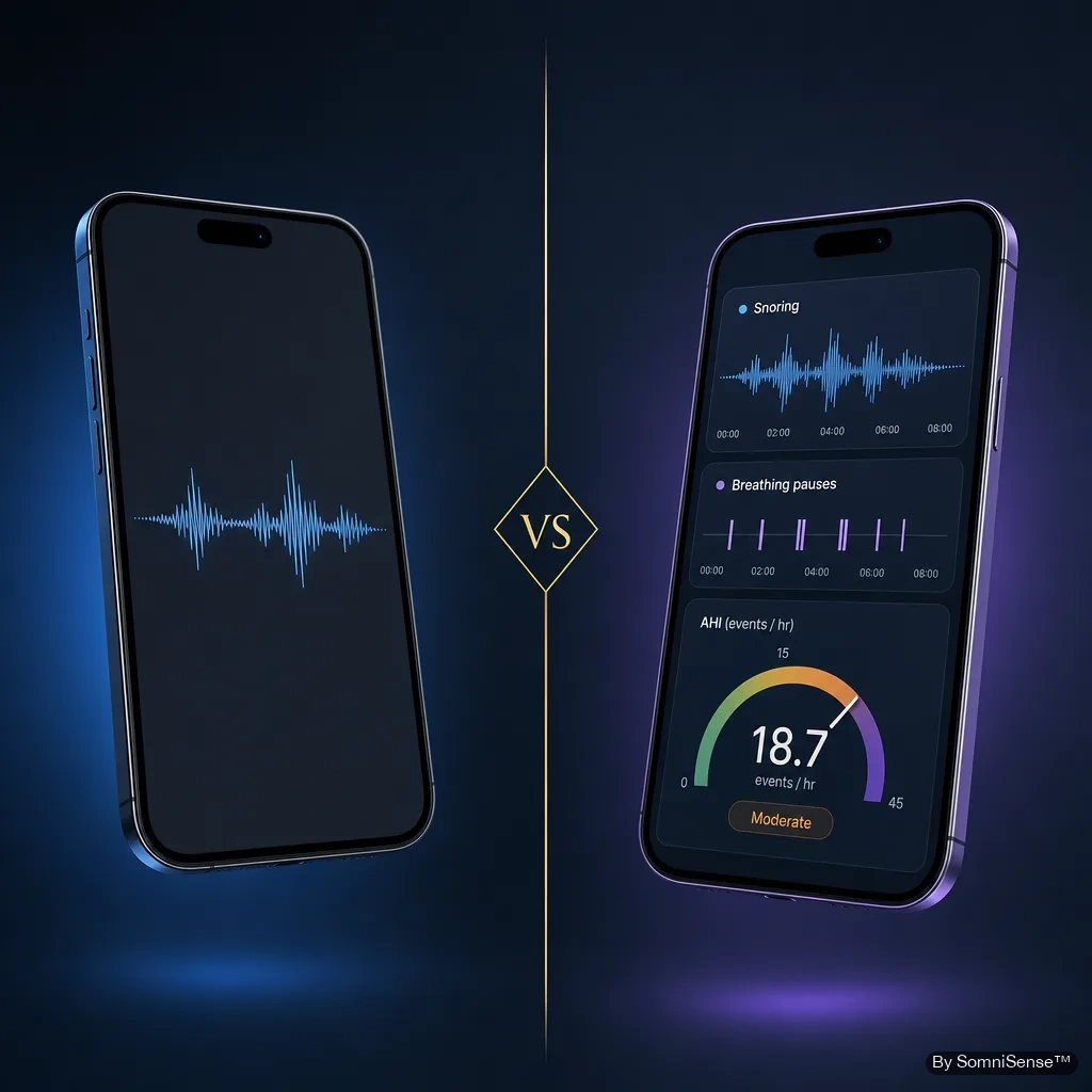Comparison between a snoring-only app dashboard and SomniSense's combined snoring + breathing dashboard.
