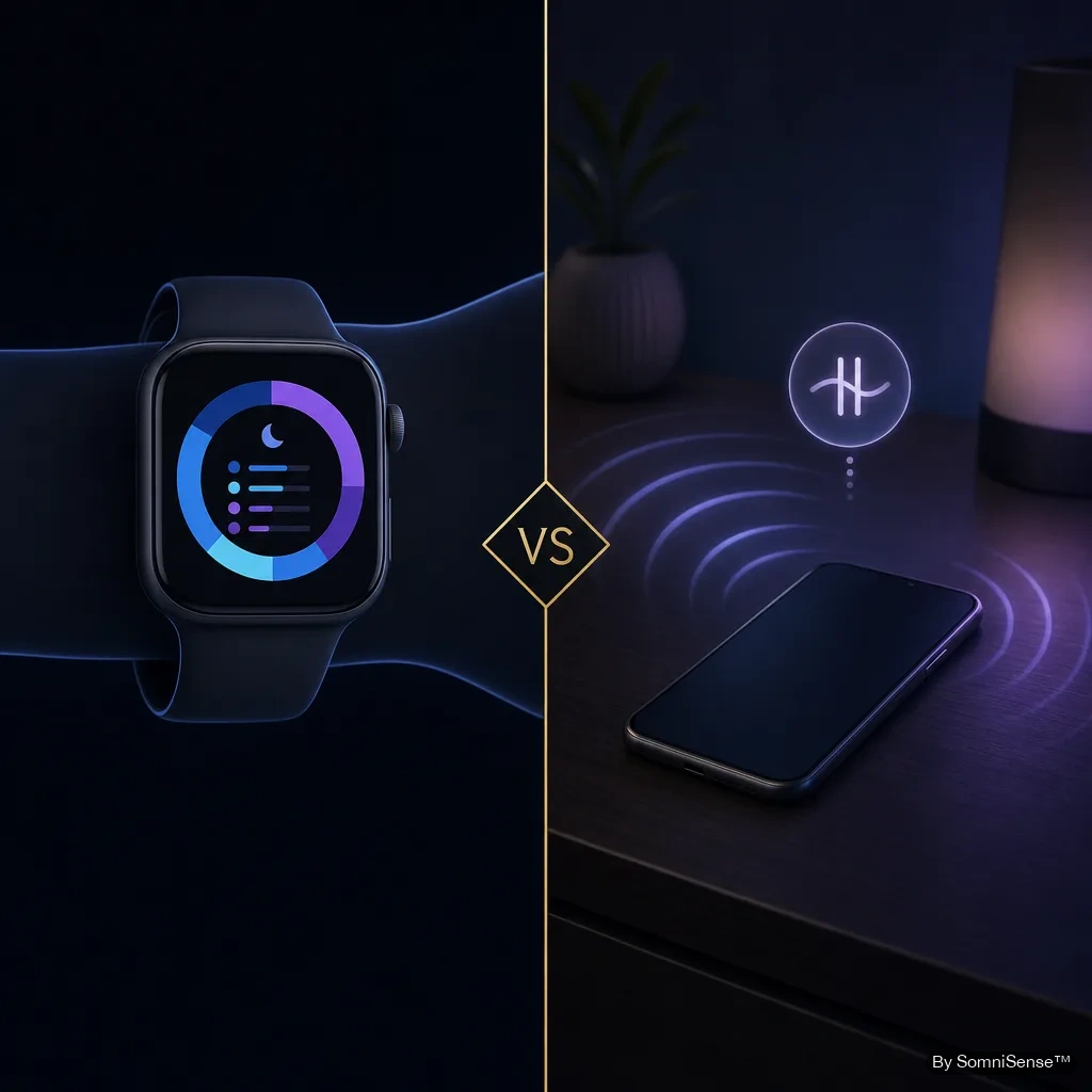 Apple Watch on the wrist + SomniSense on the phone — two complementary views of the night.