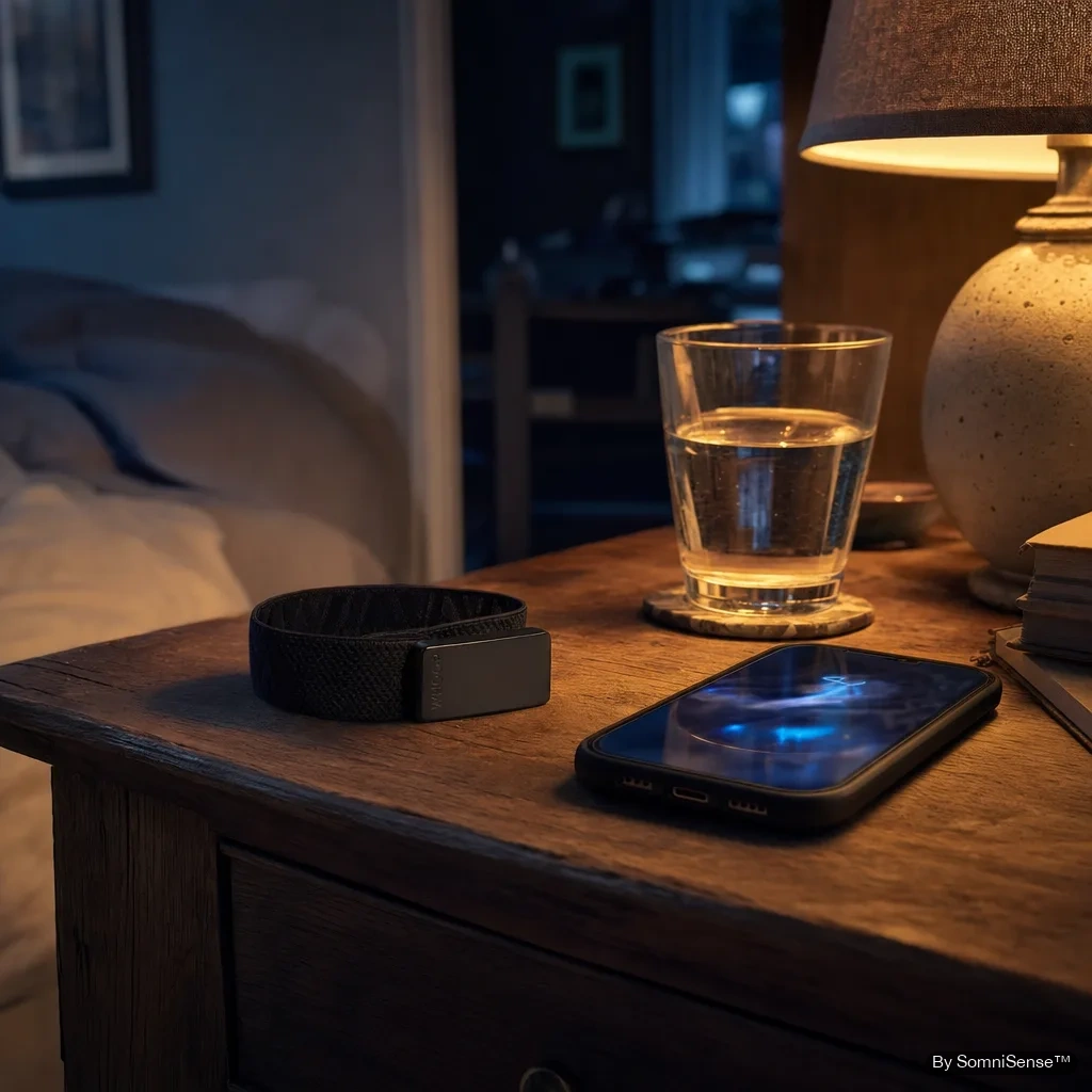 A Whoop strap and a smartphone resting side by side on a wooden nightstand at dusk — two devices doing different jobs in the same night.