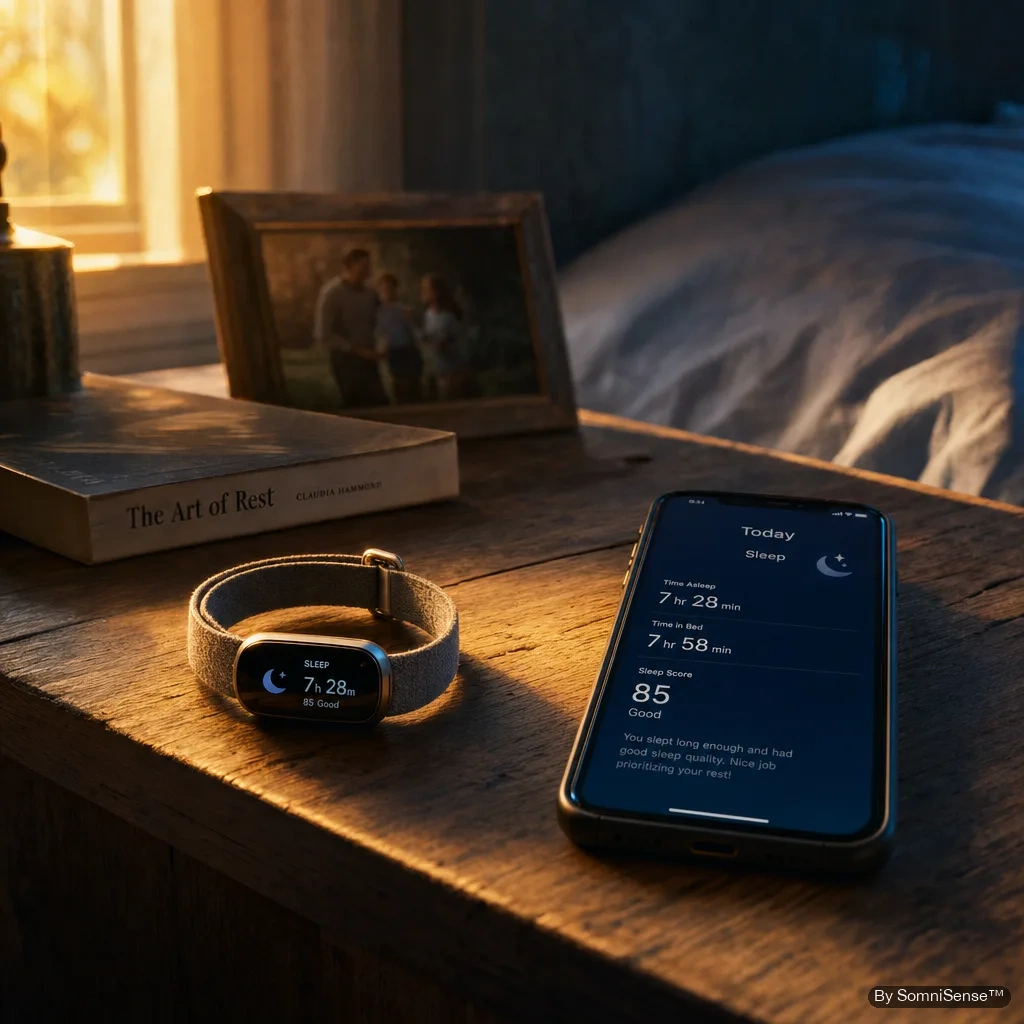 A Fitbit-style watch and a smartphone side by side on a nightstand at first light — two views of the same night, complementary.