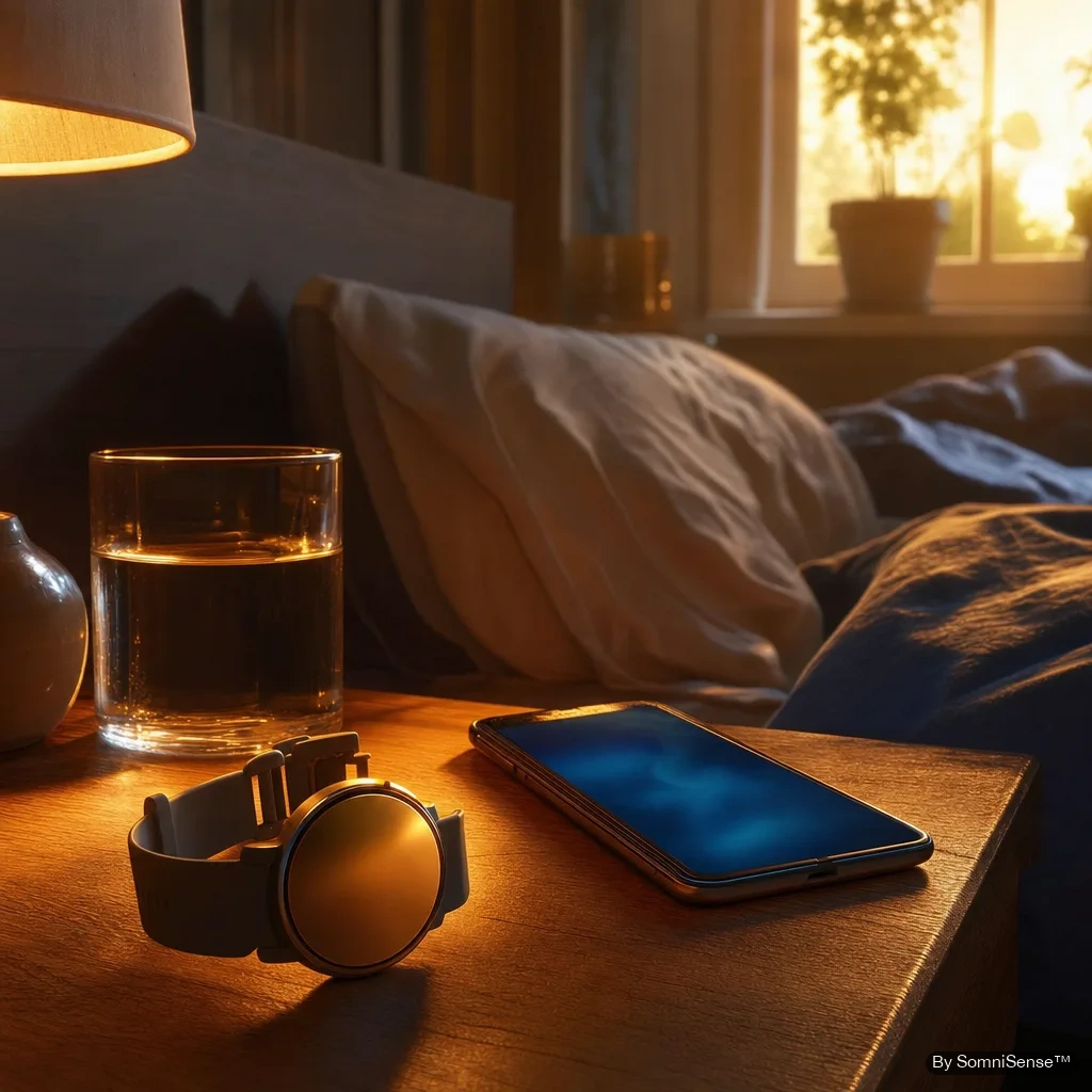 A round-faced smartwatch with a sport band and a smartphone side by side on a wooden nightstand at first light — two complementary readings of the same night.