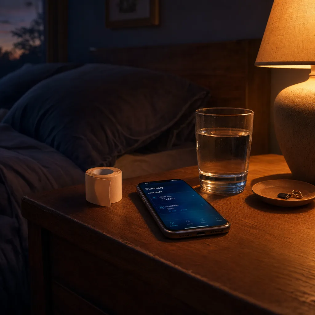 A small roll of sleep mouth tape resting beside a smartphone on a wooden nightstand at dusk — a simple bedtime ritual about to be measured.
