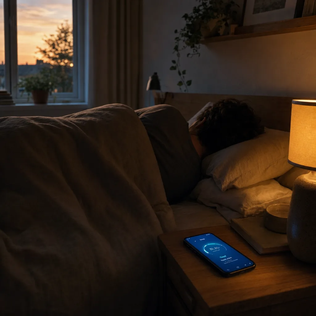 Someone asleep on their side under a warm duvet, a smartphone glowing quietly on the nightstand — testing whether sleeping position changed their breathing.